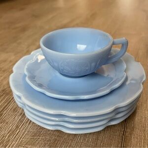 Vtg Jeanette Junior Delfite Milky Blue Cherry Blossom 16pc Child dinner set